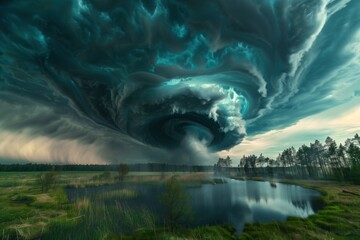 A breathtaking display of nature's power, featuring a supercell storm over a tranquil lake scene