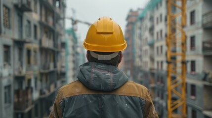 Builder man gazing into the distance on a solitary backdrop Rear view of a construction worker handyman