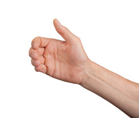 Hand holding an invisible object, isolated on white. Caucasian male hand in a gesture of giving or...