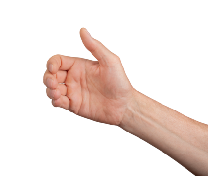 Hand holding an invisible object, isolated on white. Caucasian male hand in a gesture of giving or grabbing, perfect for concepts of interaction and communication. Close up view, transparent PNG - Powered by Adobe