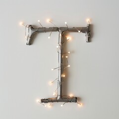 The word T made of lights, on a white background, in a flat lay photography style