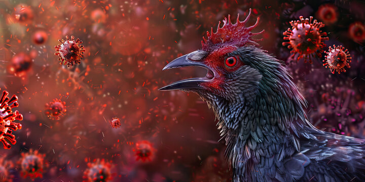 Microscopic Bird Flu Transmission: A visual representation of how the bird flu virus is transmitted, showing a bird shedding the virus through respiratory droplets that can infect other birds or human