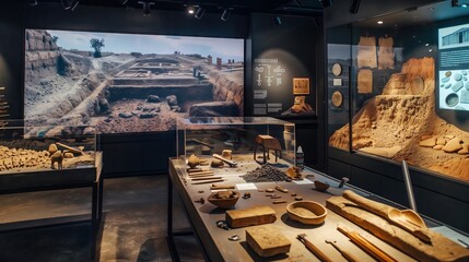 A historical archaeology lab displays ancient artifacts and tools, featuring digital exhibits of historical sites.
