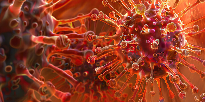 Bird Flu Virus: A detailed close-up of the H5N1 influenza virus, commonly known as bird flu, showing its spherical shape and surface proteins that enable it to infect birds and occasionally humans