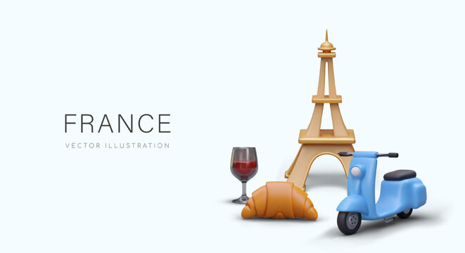 Vector poster with 3D symbols of France. Advertising of shopping, gastronomic, wine tours to Paris