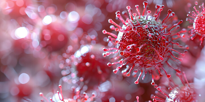 Bird Flu Virus: A detailed close-up of the H5N1 influenza virus, commonly known as bird flu, showing its spherical shape and surface proteins that enable it to infect birds and occasionally humans