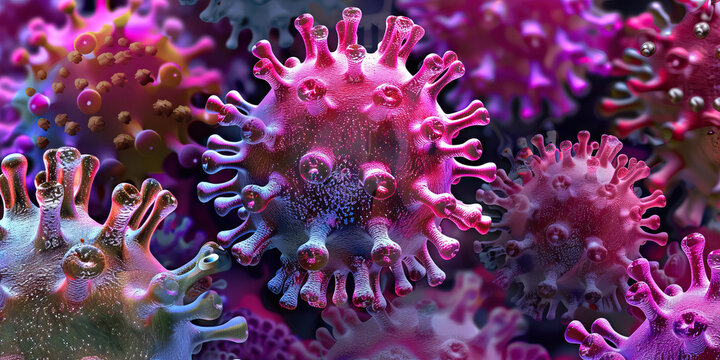 Bird Flu Virus: A detailed close-up of the H5N1 influenza virus, commonly known as bird flu, showing its spherical shape and surface proteins that enable it to infect birds and occasionally humans.