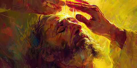 Anointing with Oil: A close-up of a religious leader anointing a person with oil, with pastel lighting adding a sense of spiritual renewal and blessing