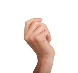 Hand holding something, partially curled into a fist, isolated on white background. Gesture...