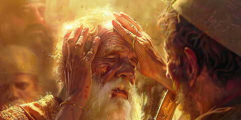 Anointing with Oil: A close-up of a religious leader anointing a person with oil, with pastel lighting adding a sense of spiritual renewal and blessing