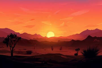 Vibrant digital illustration of a tranquil and beautiful desert sunset landscape with orange and warm colors. Silhouette of mountains. Serene nature. And minimalistic plant life
