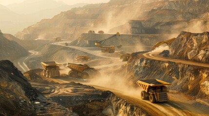 Fototapeta premium A large-scale mining operation depicts heavy-duty trucks and machinery amidst dust and rugged terrain, possibly extracting valuable minerals