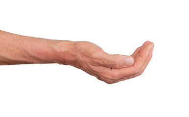 Hand in a cupped shape, isolated on white background. Gesture indicating offering or begging, ideal for support and interaction concepts. Close up view showing detail., transparent PNG