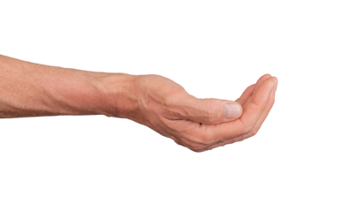 Hand in a cupped shape, isolated on white background. Gesture indicating offering or begging, ideal for support and interaction concepts. Close up view showing detail., transparent PNG