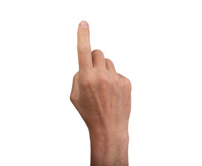 Hand pointing up with index finger, isolated on a white background. Ideal for concepts of touch,...