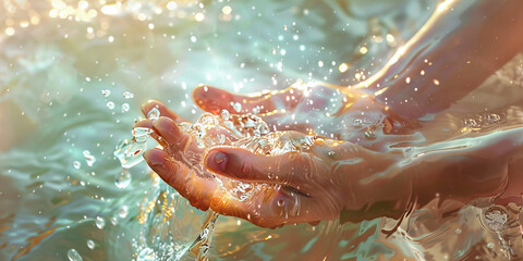 Fototapeta premium Holy Water Blessing: A close-up of a person receiving a blessing with holy water, with pastel colors conveying the purity and sanctity of the moment