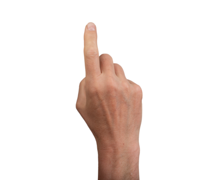 Hand pointing up with index finger, isolated on a white background. Ideal for concepts of touch, selection, and pressing. Right hand, close up view, showing gesture and, transparent PNG