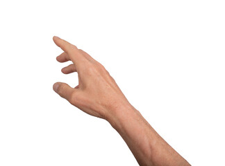 Hand reaching out with open fingers, isolated on white background. Gesture indicating grasping or...