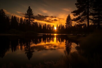 Tranquil sunset with golden hues reflecting on a calm lake surrounded by silhouetted pine trees