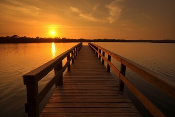 Obraz premium Warm sunset casts a glow over a tranquil lake with an inviting wooden dock stretching into the horizon