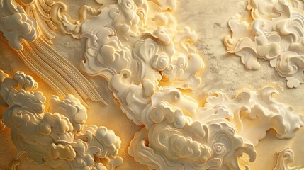 Close-up of a volumetric stucco design depicting a cloud with golden highlights, against a subtle background of a Japanese sky at sunset.