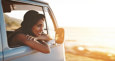 Road trip, happy woman and thinking in window with smile, van and travel for holiday or vacation. Transport, parking and adventure with idea and freedom in summer with driving or journey with driver © Hira/peopleimages.com