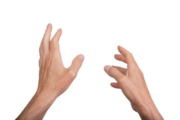 Hand reaching out, point of view POV perspective, isolated on white background. Gesture indicating...