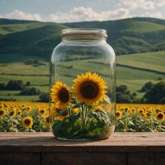 Sunflowers standing tall in a large glass jar, against a backdrop of rolling green hills.