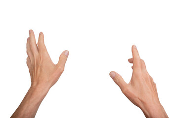 Hand reaching out, point of view POV perspective, isolated on white background. Gesture indicating...