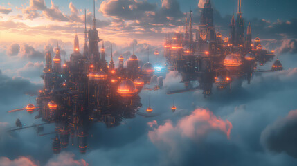 
A floating city above the clouds with futuristic architecture 
