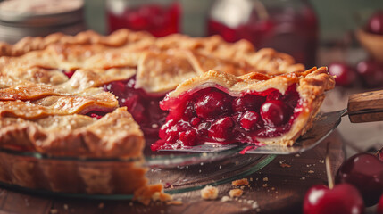 A Close-Up Image of a Homemade Cherry Pie with Golden Crust on Wooden Cutting Board, Background Shows Pitcher of Milk and Bowl of Cherries, Radiating a Warm and Inviting Mood