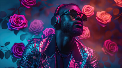 black man with headphones, sunglasses and flower background