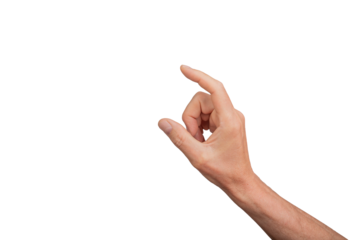 Hand showing a small measurement using thumb and index finger, isolated on white background. Gesture indicating size or measure, ideal for interaction and communication concepts., transparent PNG