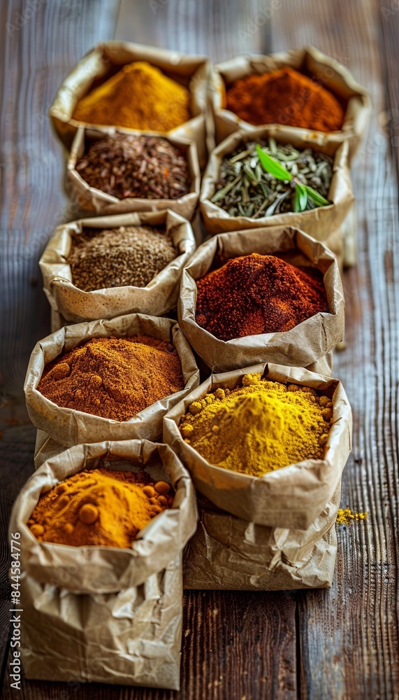 Aufkleber a close-up view of various dry spices in open paper bags arranged on a rustic wooden table. the spic