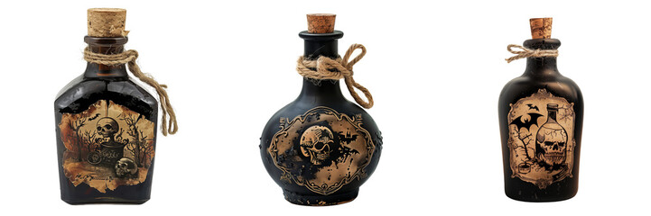 set of witch's potion bottle with a spooky label isolated on transparent background