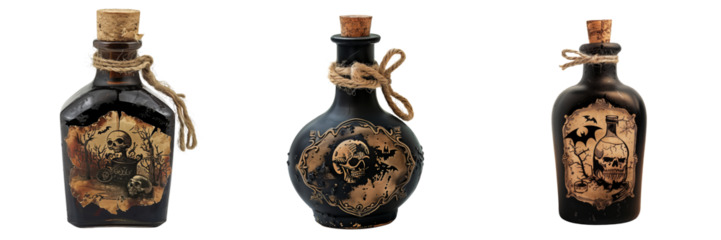 set of witch's potion bottle with a spooky label isolated on transparent background