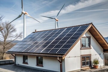 Fototapeta premium solar panels and wind turbines. air ecology in the world. Air and solar energy