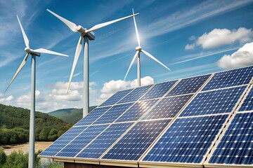 solar panels and wind turbines. air ecology in the world. Air and solar energy