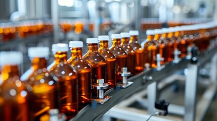 Obraz premium Production of brewing and bottling craft beer at a beer production plant. Conveyor with beer bottles. 