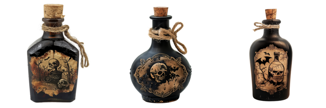 set of witch's potion bottle with a spooky label isolated on transparent background