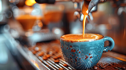 Espresso Shot and Machine: Close-up of espresso shot being pulled into a small blue ceramic cup.