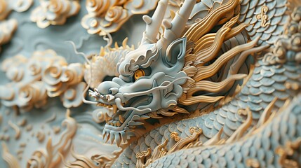 Close-up of a textured stucco panel showcasing a Japanese dragon with intricate gold detailing, against a softly focused backdrop of a traditional temple.