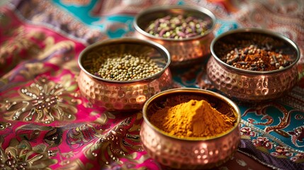 Fototapeta premium A close-up shot of various Indian spices displayed in copper bowls, resting on a colorful patterned fabric. Generative AI