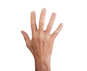 Hand waving hello or goodbye, isolated on white background. Open palm with fingers spread, ideal for greeting and communication concepts. Close up view showing detail., transparent PNG