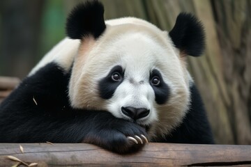 Close-up of a peaceful giant panda lying down and gazing at the viewer