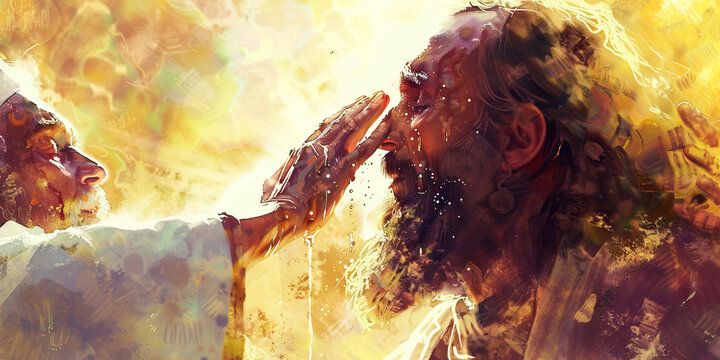 Anointing: A close-up of a religious leader anointing a person with oil, with pastel tones highlighting the ritualistic and spiritual nature of the act