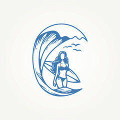 vintage surfer carrying a surfboard label logo vector illustration design. simple modern holiday, surf club, apparel design logo concept