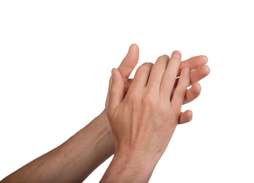 Hands clapping in applause, isolated on white background. Male hands showing gesture of congratulations and recognition. Ideal for concepts of celebration, success, and, transparent PNG