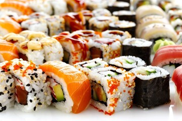 Fresh assorted sushi rolls with salmon, tuna, and avocado on white background, vibrant and delicious, perfect for gourmet dining and culinary delight
