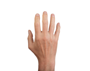 Male hand with fingers apart, showing a gesture of hello or goodbye. Isolated on a white background, dorsal view. Ideal for communication and medical anatomy concepts., transparent PNG